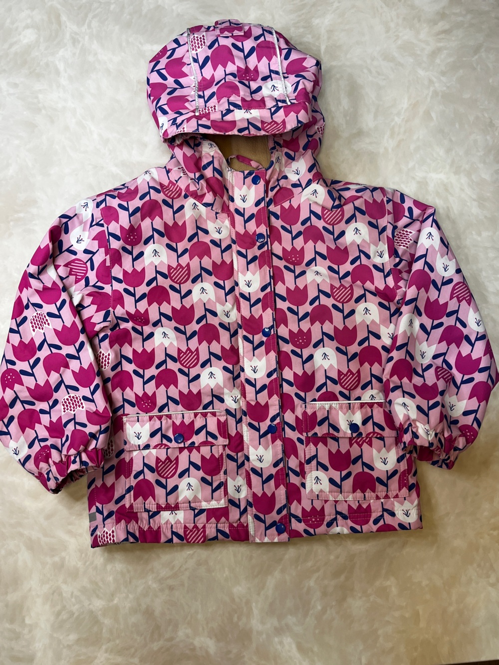 Jan & Jul 5T Girls Fleece lined Pink Floral Hooded Jacket Rain coat, Waterproof